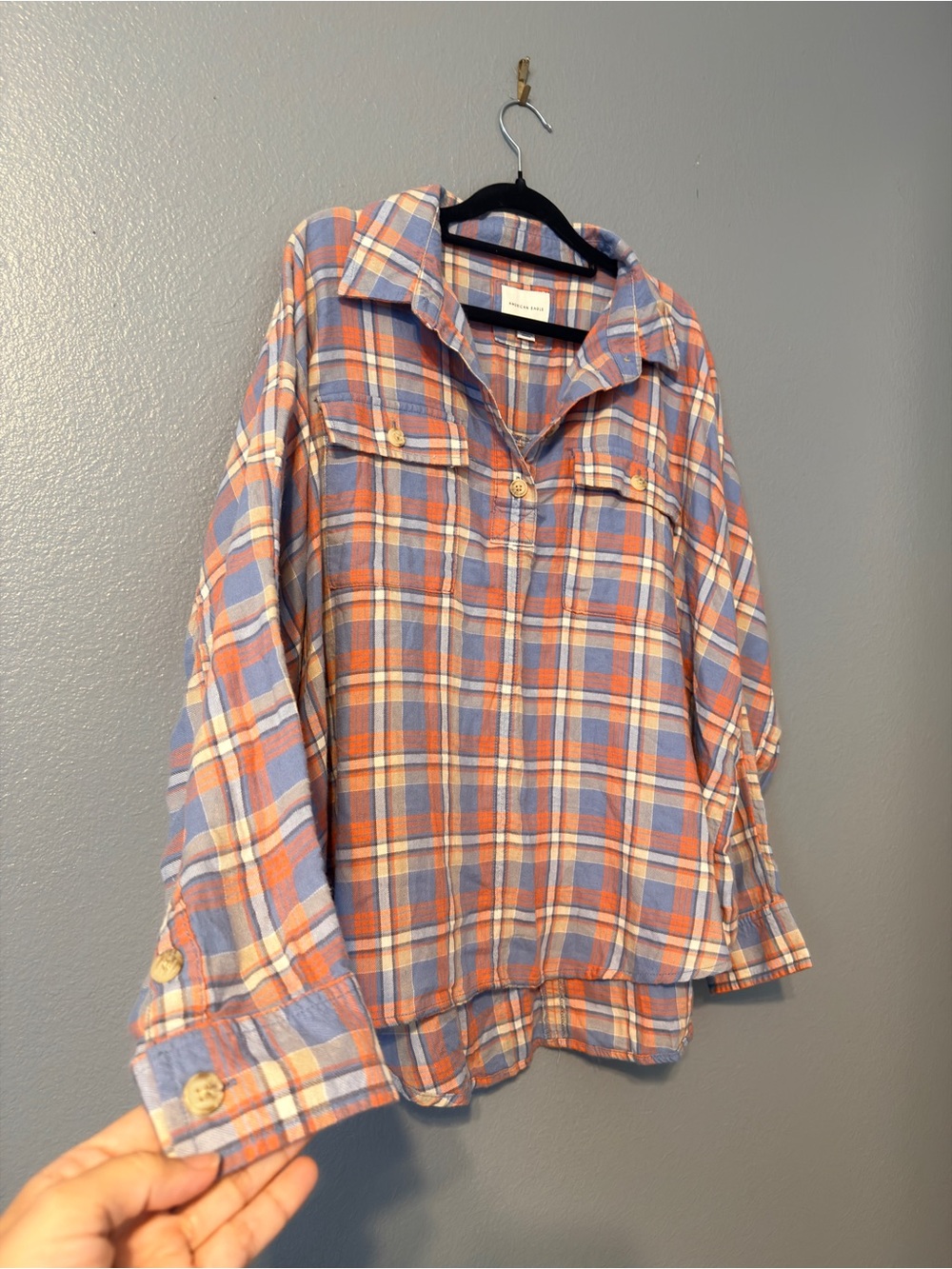 American Eagle Outfitters Plaid Button-Front Shirt in Blue & Orange